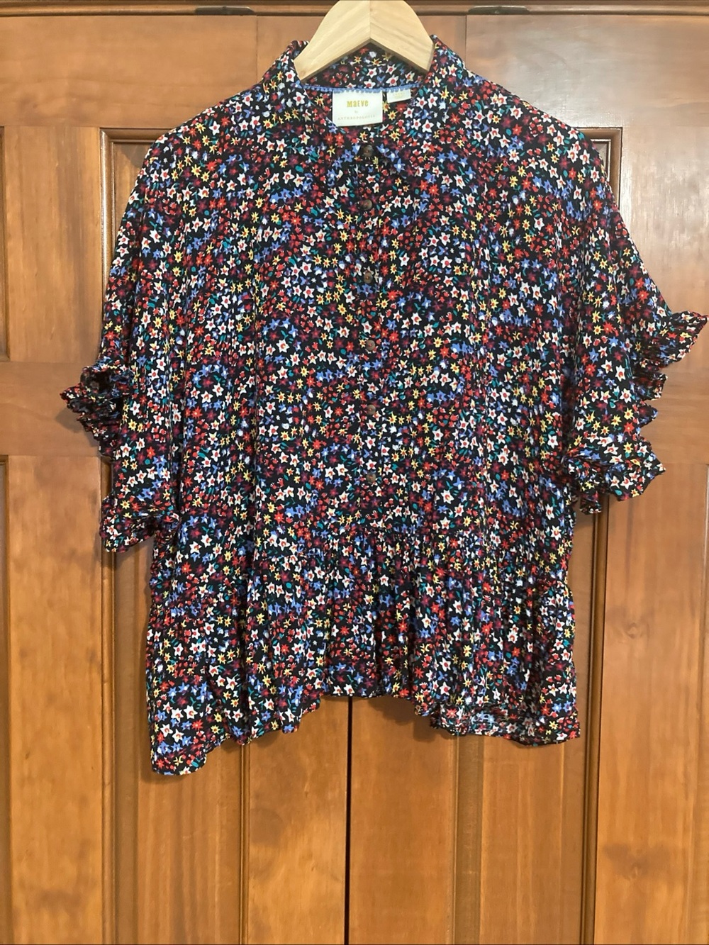 Maeve Mallory Black Multicolor Floral Ruffle-Trim Blouse women’s size large